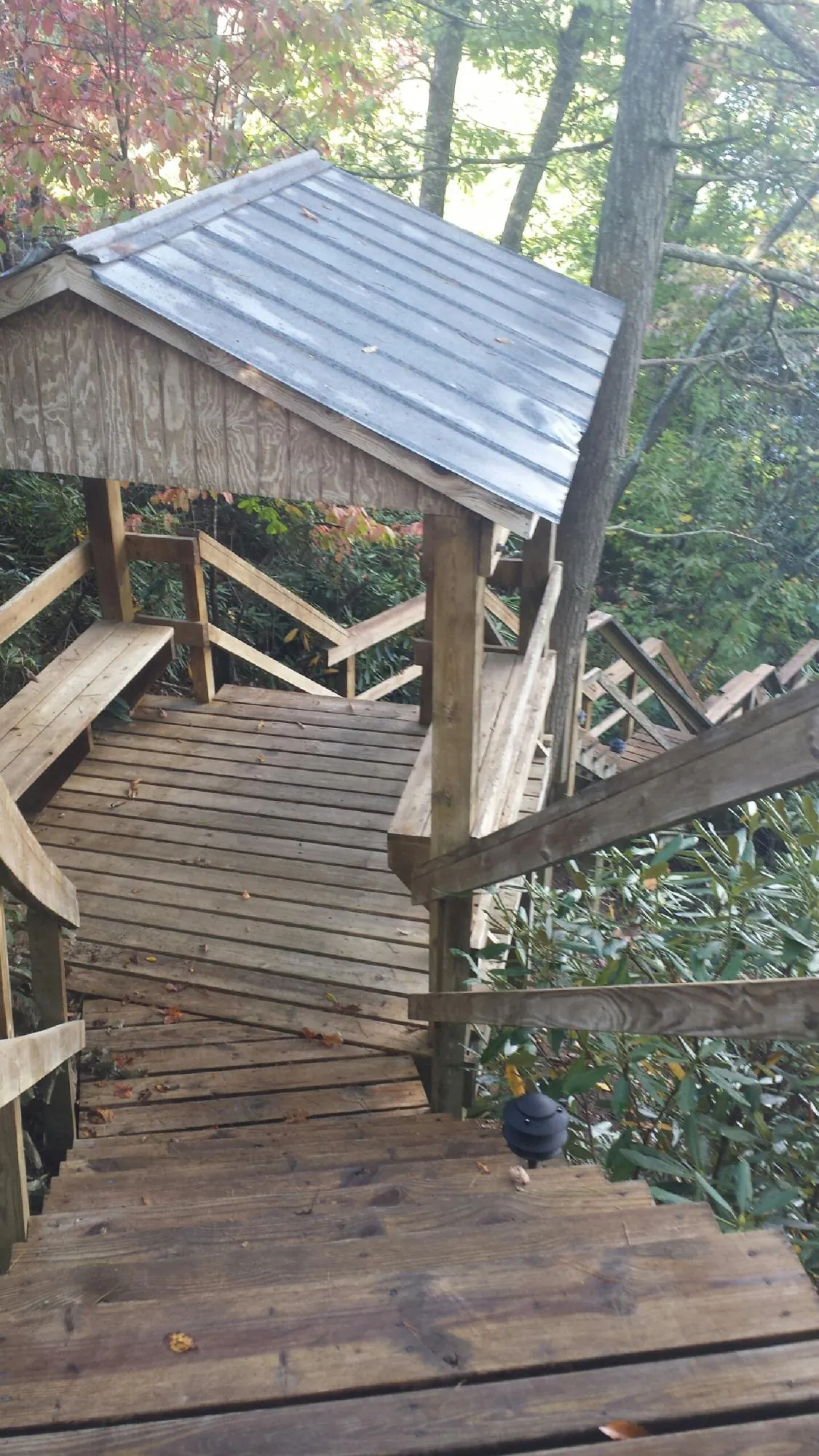 Metal roofed shelter over wooden steps on a wooded walkway — Skylight Repair & Installation work by our crew in Estill